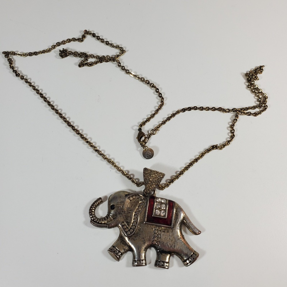 CRS Paris Necklace 32" Chain Elephant Silver Tone Enamel Rhinestones Jewelry